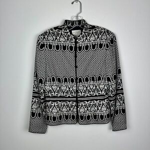 Adrianna Papell Black White Brocade Silk Mandarin Collar Beaded Blazer Jacket